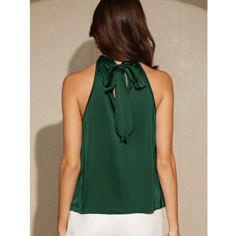 Dark Green Satin Halter Blouse Top - Picture 6 of 8